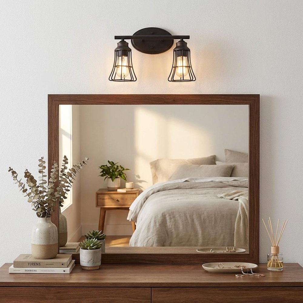 Two Light Bronze Cage Wall Light