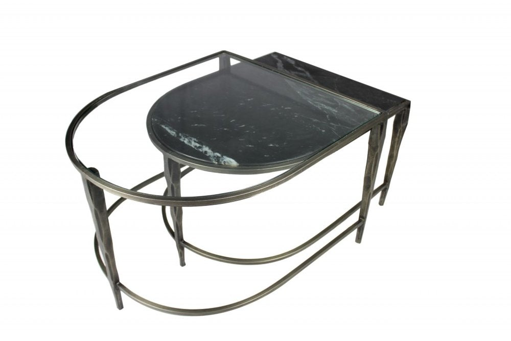 Set of Two Clear and Gold Glass and Iron Oval Frame Nested Coffee Tables