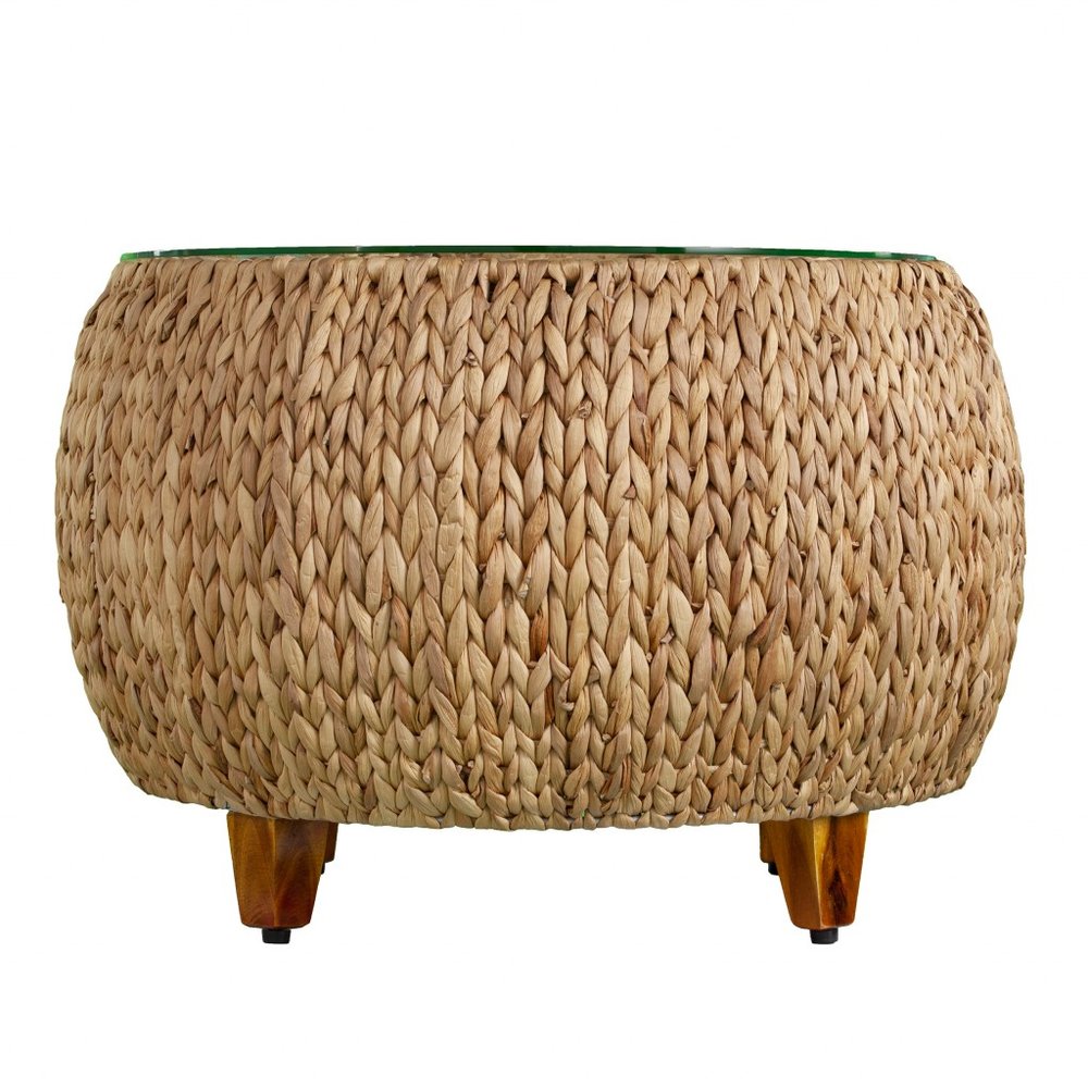 28" Natural And Natural Brown Glass And Solid Wood Square Coffee Table