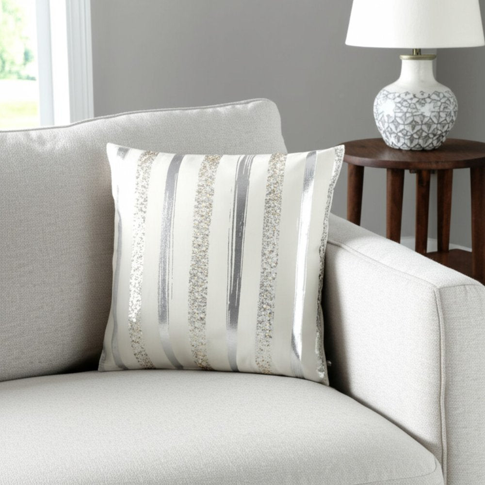 Silver and Gold Glam Stripe Beaded Throw Pillow
