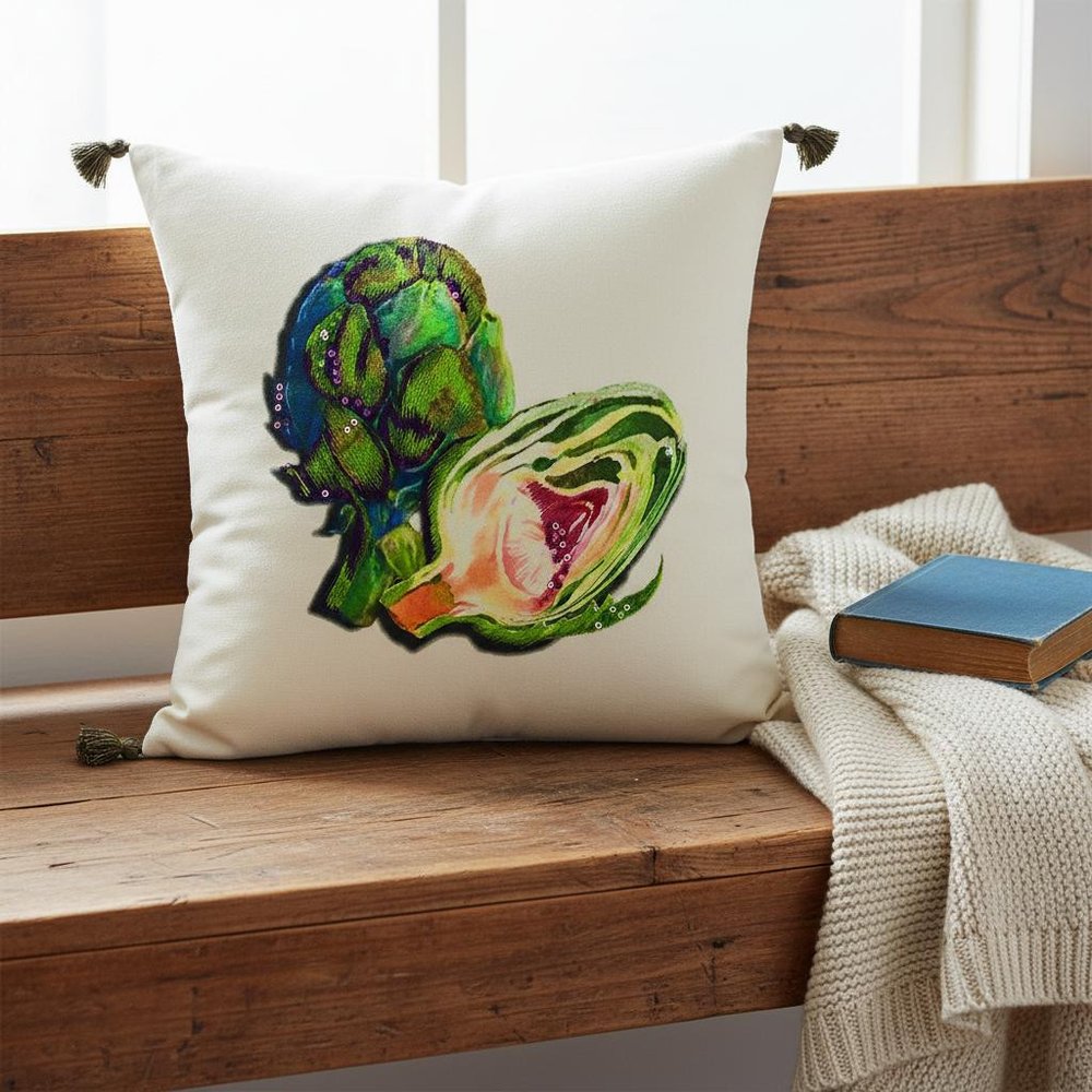 White Green Embroidered Artichoke Throw Pillow