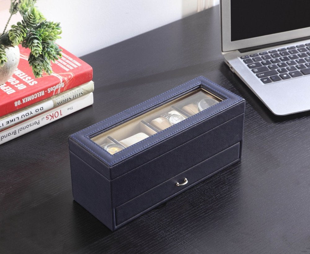 9" Blue And Clear Faux Leather And Glass Four Section Watch Box With Metal Accents