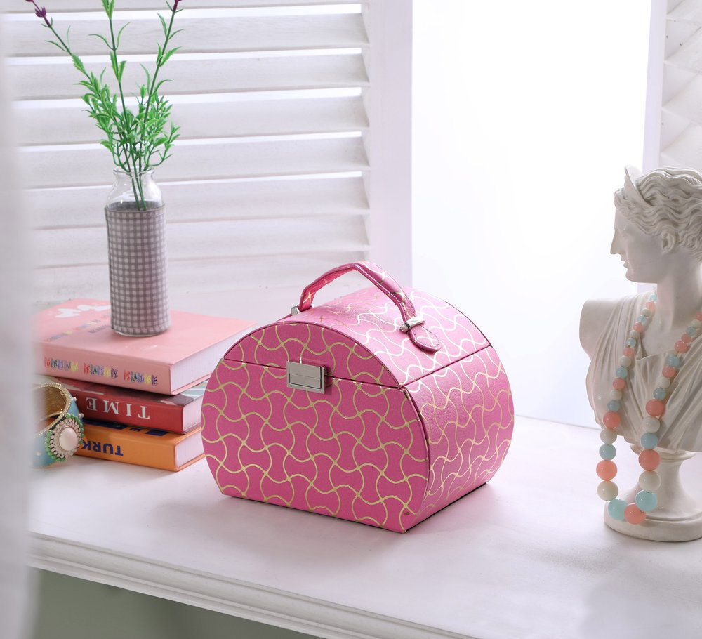 9" Hot Pink And Gold Faux Leather Abstract Scroll Jewelry Box Travel Case With Mirror