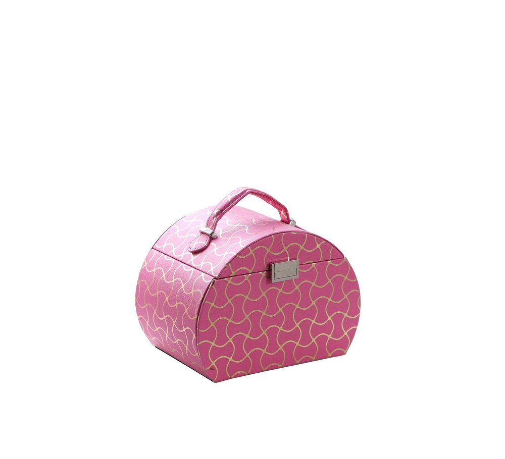 9" Hot Pink And Gold Faux Leather Abstract Scroll Jewelry Box Travel Case With Mirror