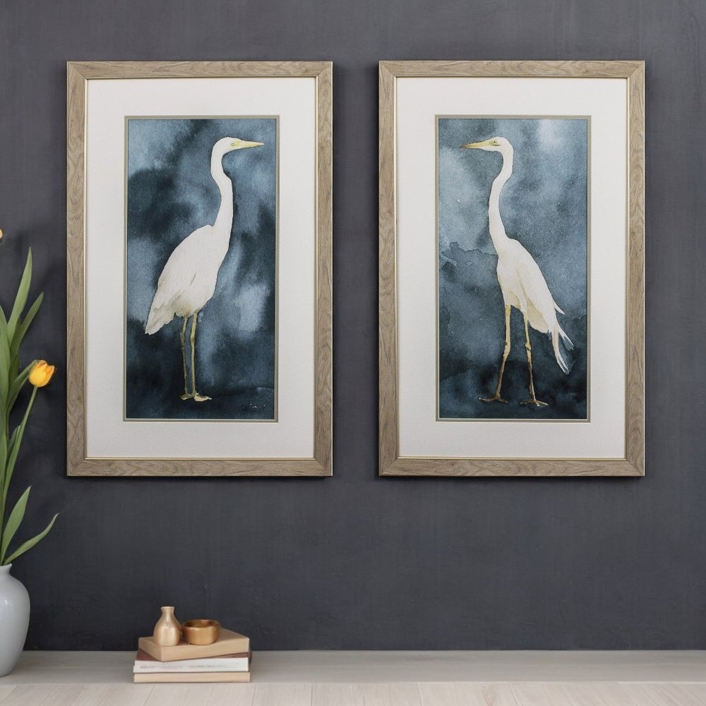 Set of Two Teal Blue Heron Framed Art