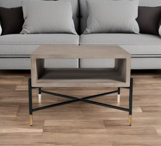 25" Gray and Black Concrete And Metal Square Coffee Table With Shelf