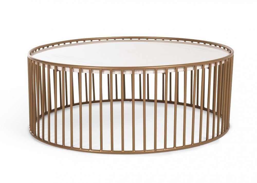 37" White and Gold Faux Marble And Metal Round Frame Coffee Table
