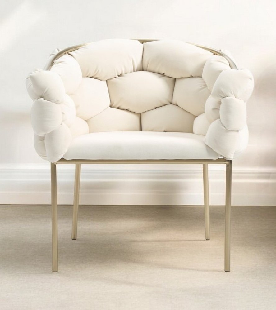 White and Brass Upholstered Fabric Dining Arm Chair