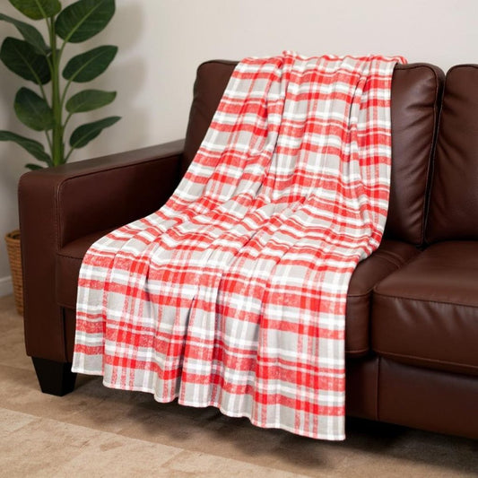 Red Woven Cotton Plaid Throw Blanket