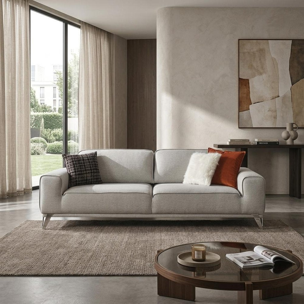 90" Light Gray Linen Sleeper Sofa With Toss Pillows