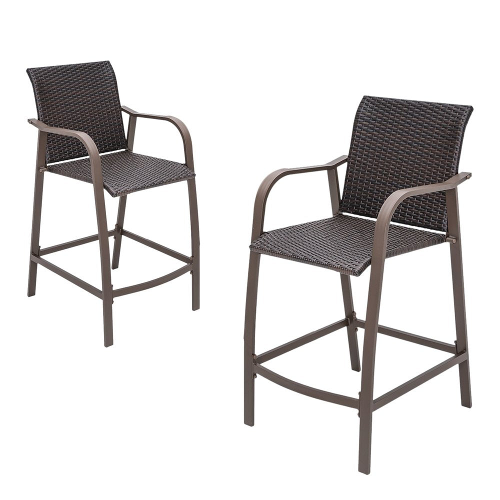 Set of Two 28" Brown Aluminum Outdoor Counter Height Bar Chairs with Footrest