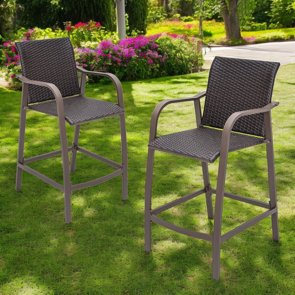 Set of Two 28" Brown Aluminum Outdoor Counter Height Bar Chairs with Footrest