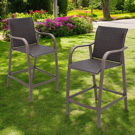 Set of Two 28" Brown Aluminum Outdoor Counter Height Bar Chairs with Footrest