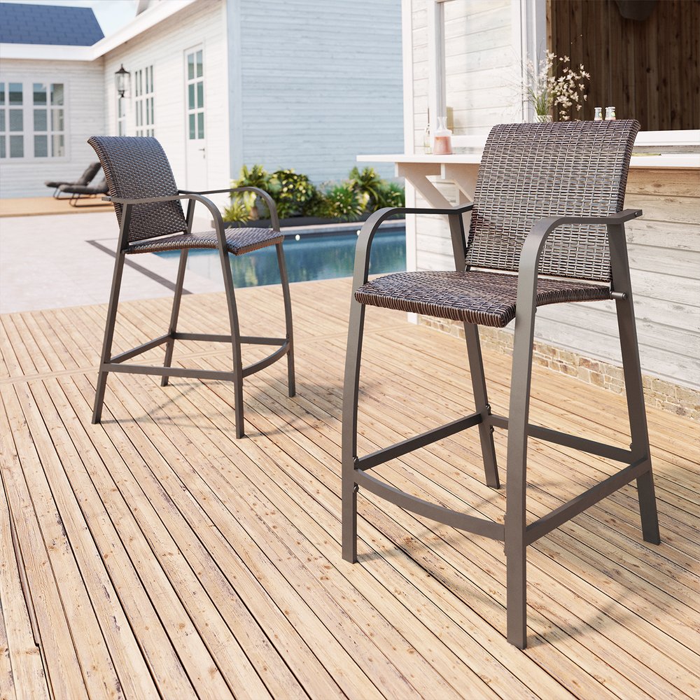 Set of Two 28" Brown Aluminum Outdoor Counter Height Bar Chairs with Footrest