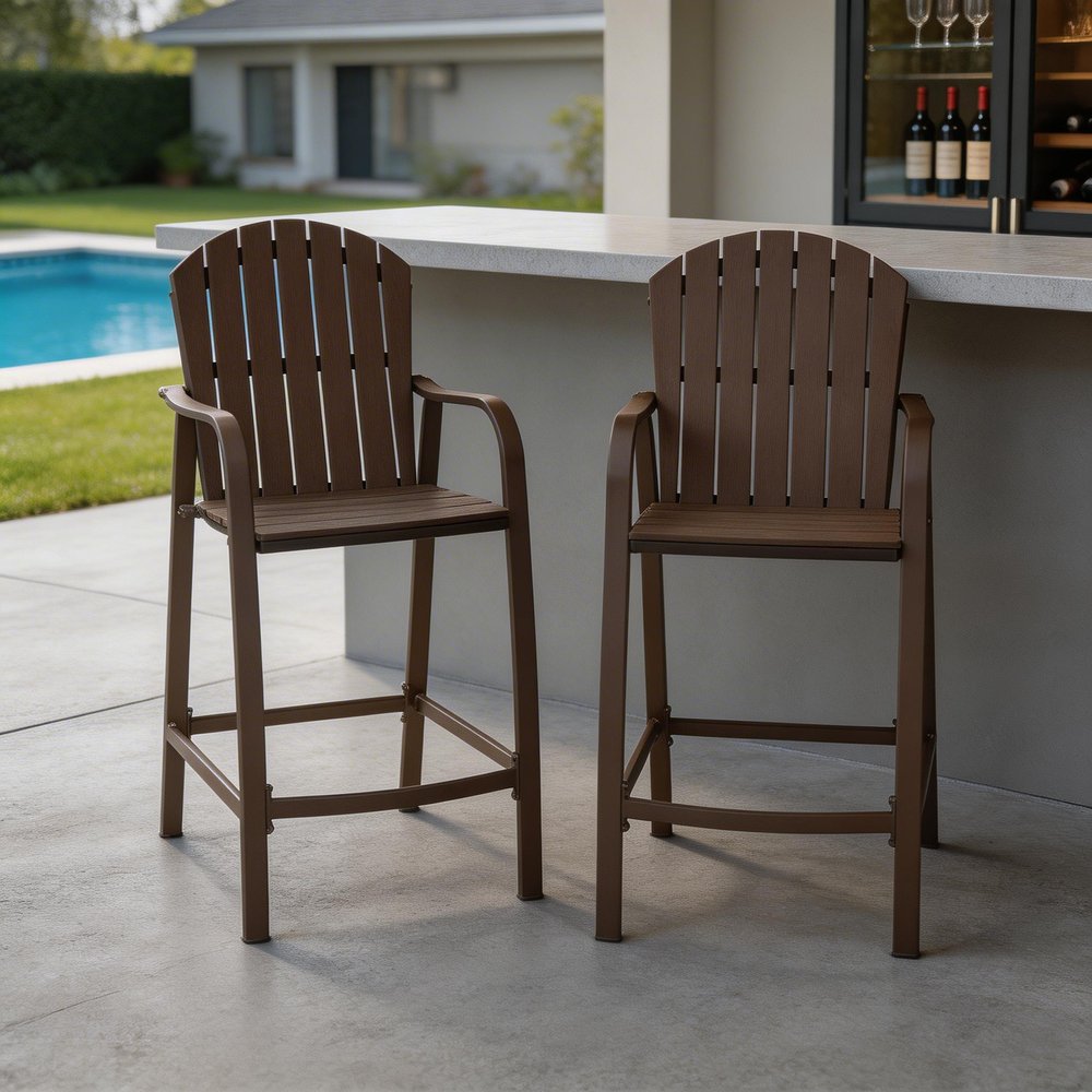 Set of Two 28" Brown Aluminum Outdoor Bar Height Chairs with Footrest