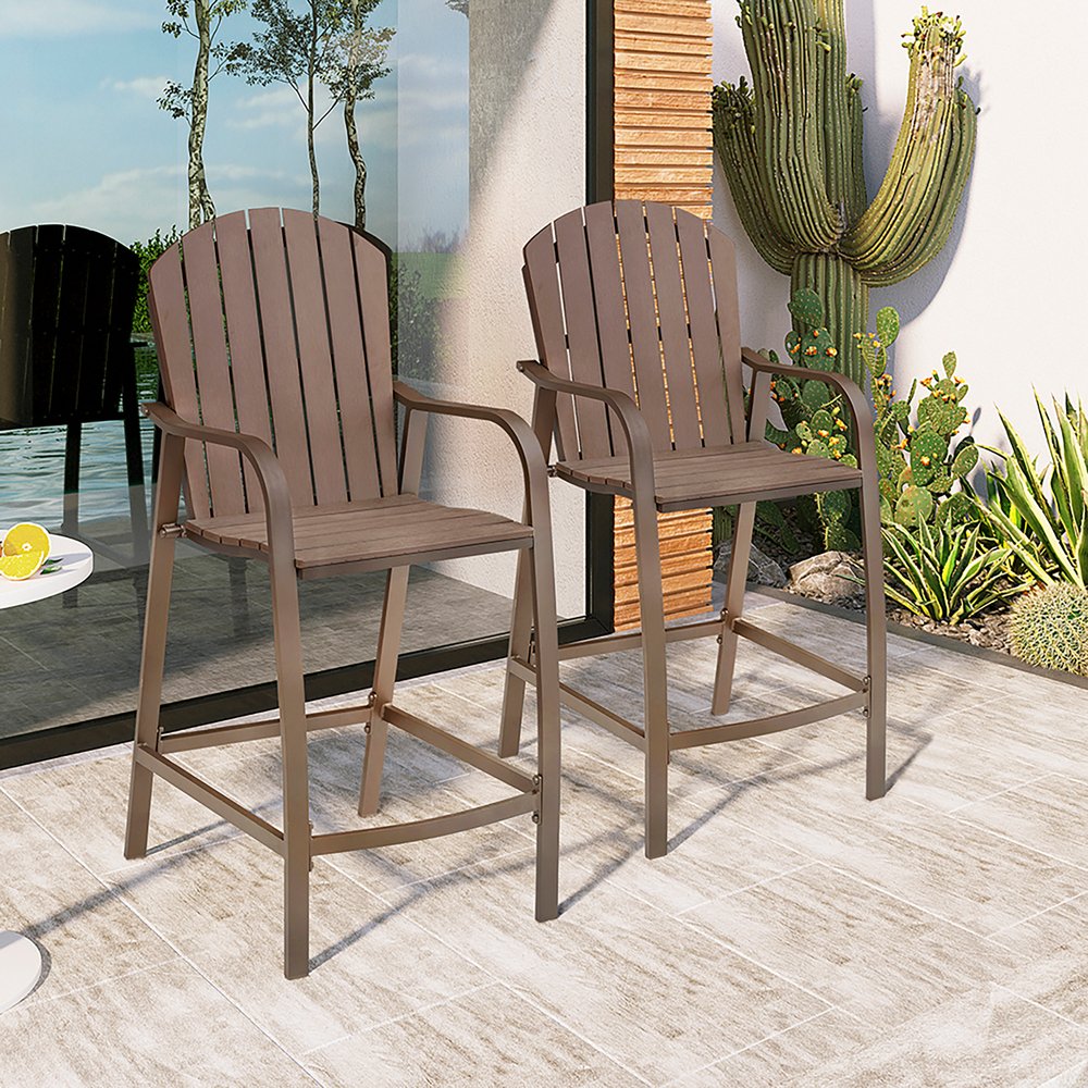 Set of Two 28" Brown Aluminum Outdoor Bar Height Chairs with Footrest