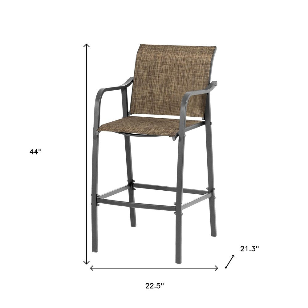 Set of Two 28" Gray and Brown Steel Outdoor Bar Height Chairs with Footrest