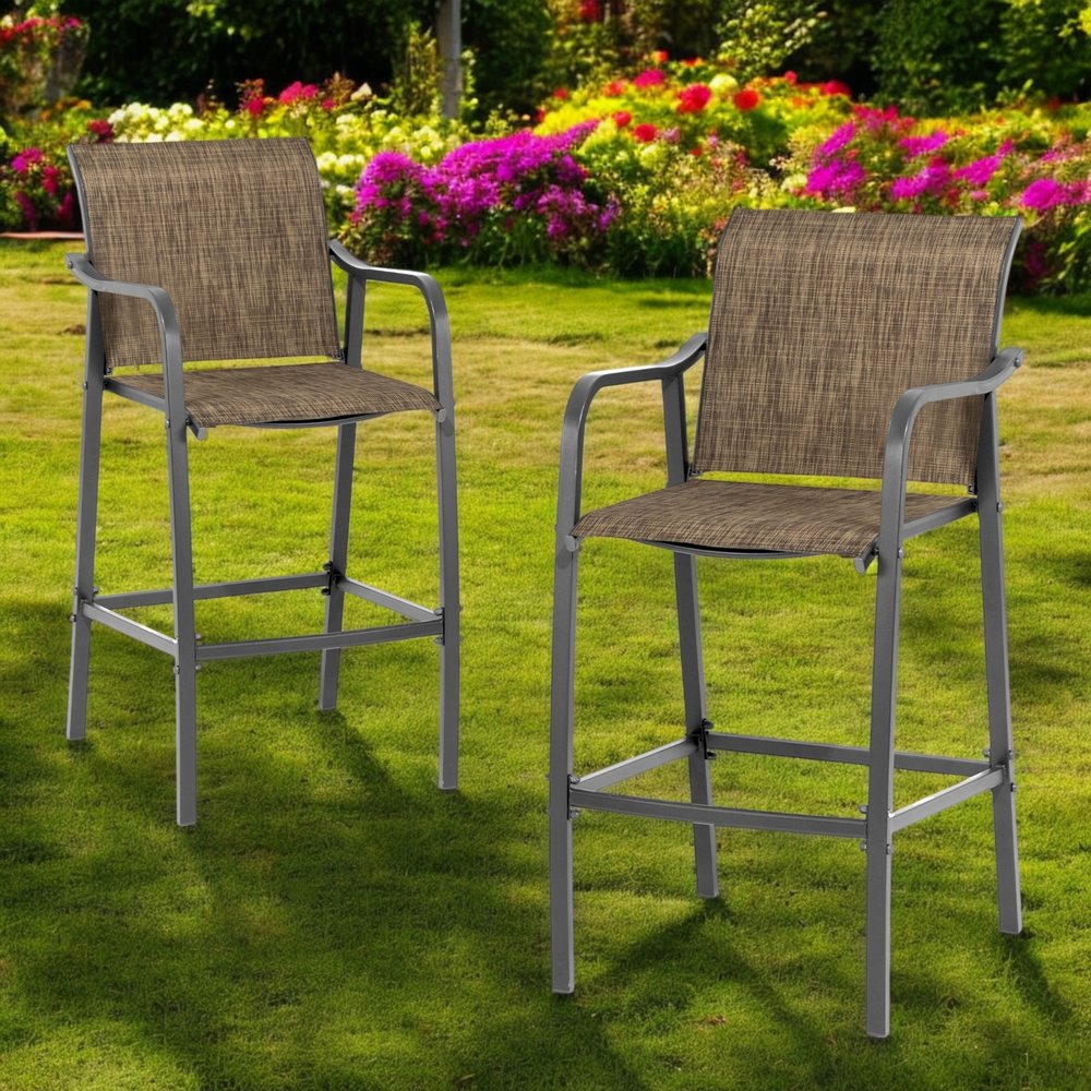 Set of Two 28" Gray and Brown Steel Outdoor Bar Height Chairs with Footrest