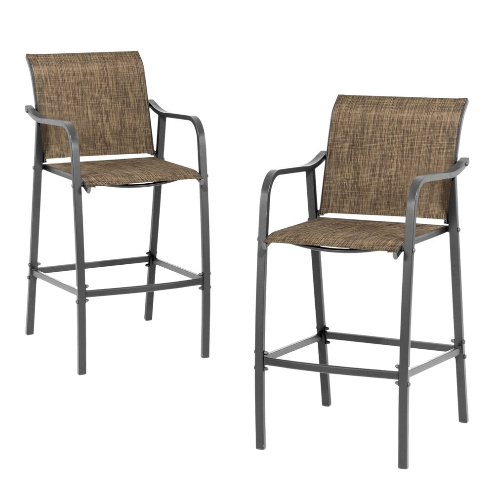 Set of Two 28" Gray and Brown Steel Outdoor Bar Height Chairs with Footrest