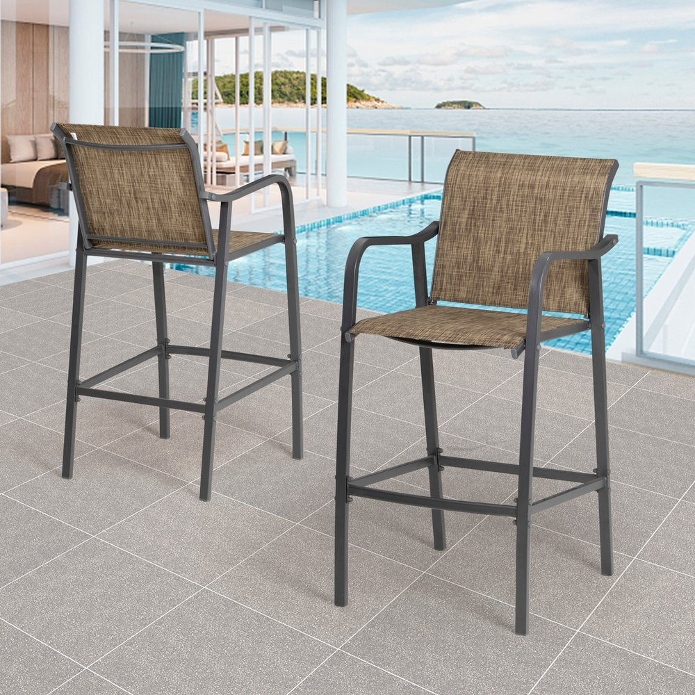 Set of Two 28" Gray and Brown Steel Outdoor Bar Height Chairs with Footrest