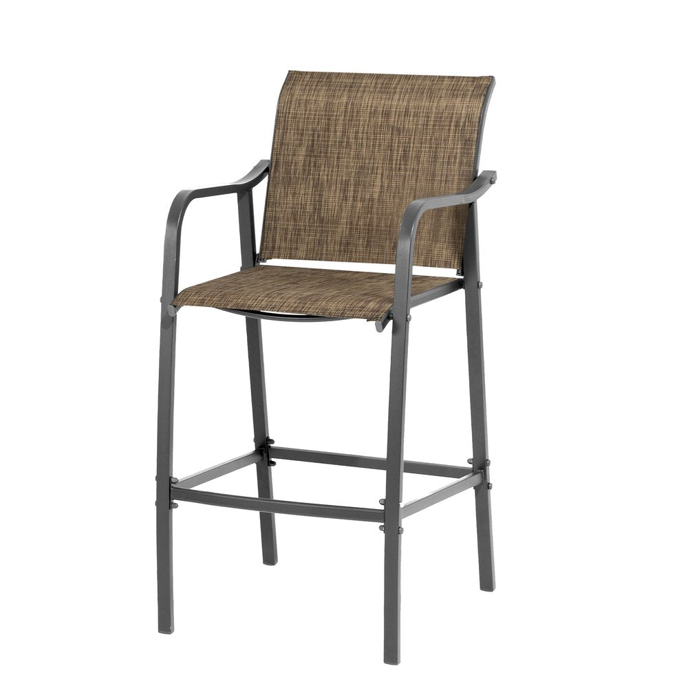 Set of Two 28" Gray and Brown Steel Outdoor Bar Height Chairs with Footrest