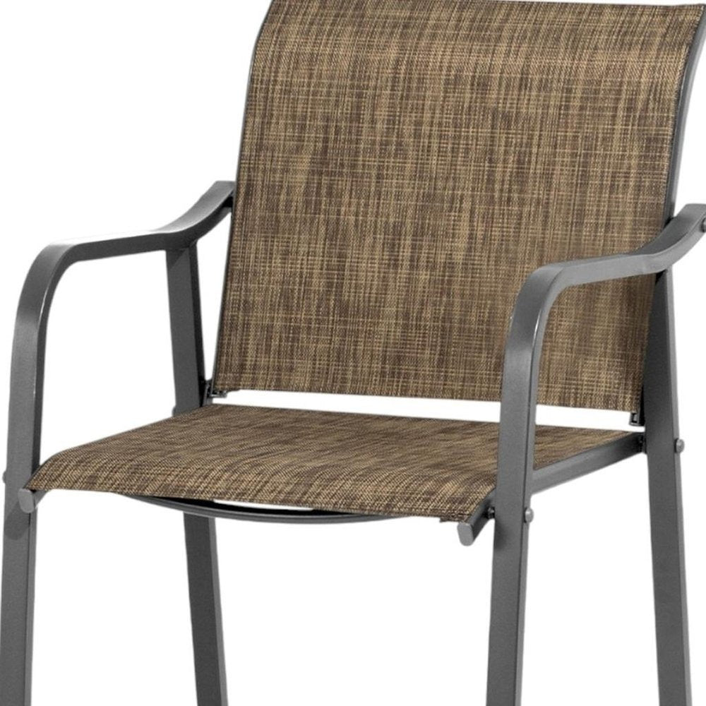 Set of Two 28" Gray and Brown Steel Outdoor Bar Height Chairs with Footrest