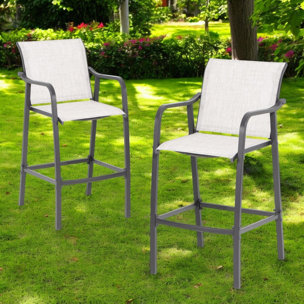 Set of Two 28" Gray Steel Outdoor Bar Height Chairs with Footrest