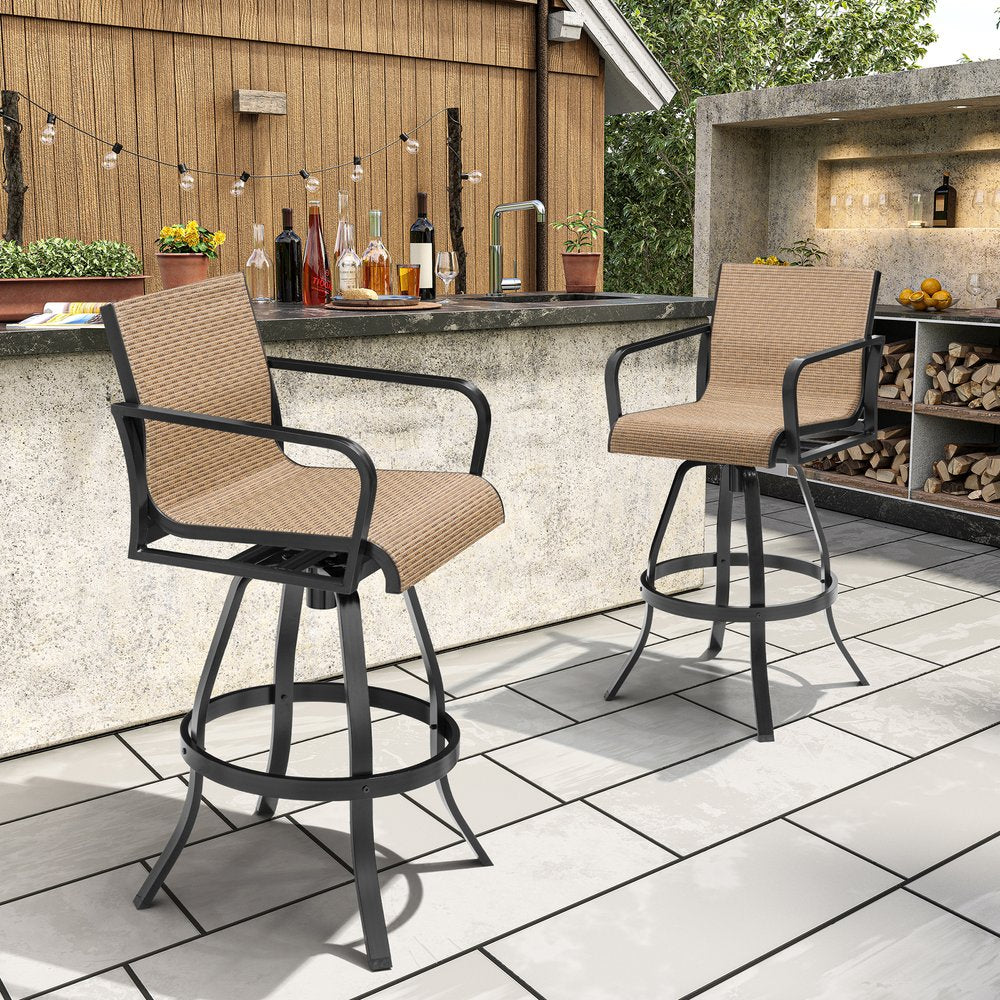 Set of Two 30" Black and Brown Aluminum Swivel Outdoor Bar Height Chairs