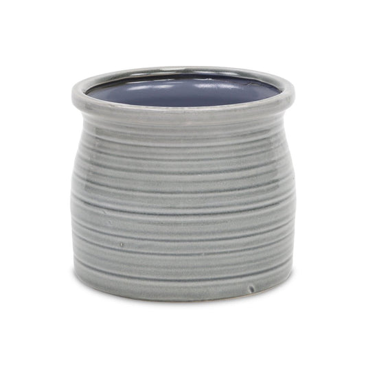 Gray Ceramic 51 Ounce Striped Round Distressed Pot Planter