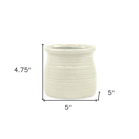 White Ceramic 25 Ounce Striped Round Distressed Pot Planter