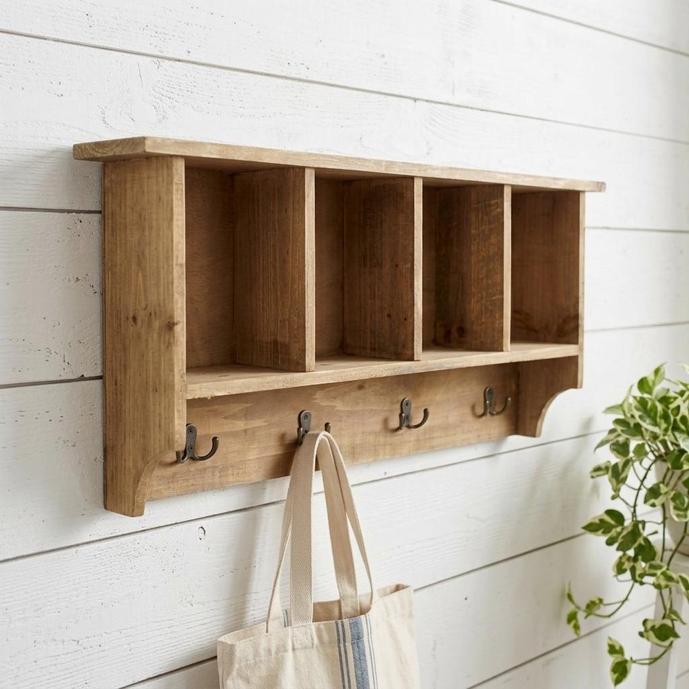 30" Natural Wood Four Hook Wall Mount Coat Rack