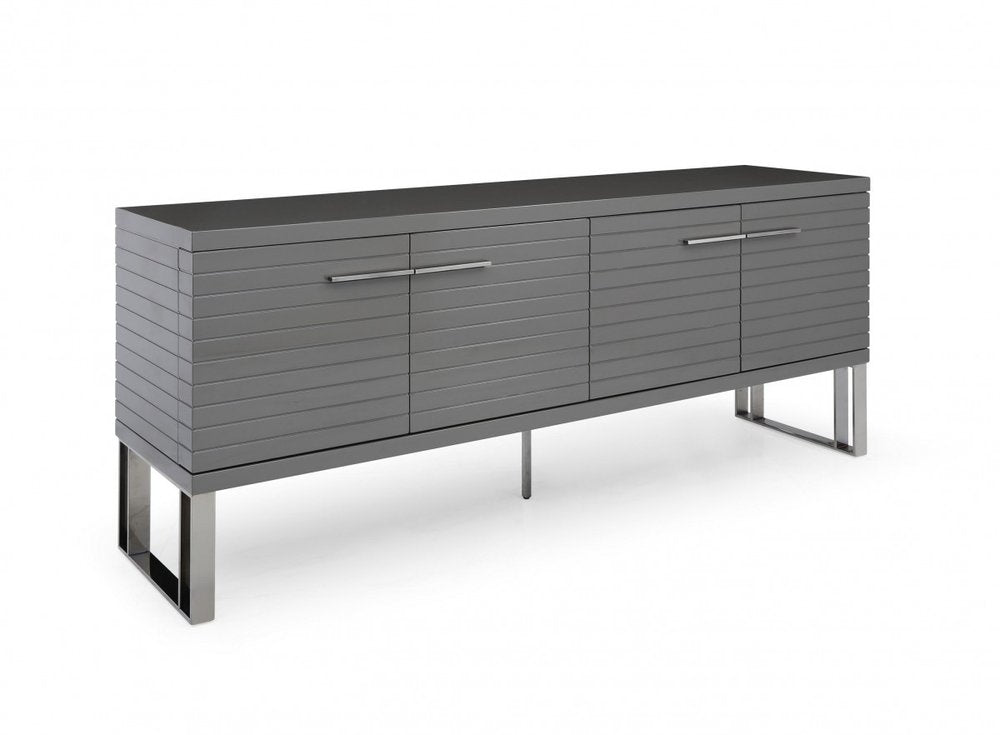 79" Gray Solid Wood Ribbed Texture Buffet Table with Four Doors