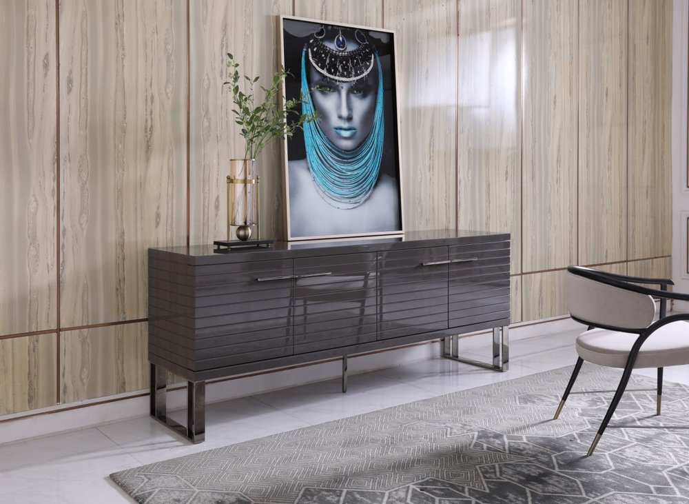 79" Gray Solid Wood Ribbed Texture Buffet Table with Four Doors