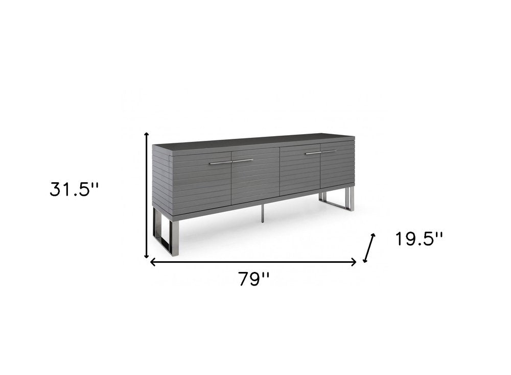 79" Gray Solid Wood Ribbed Texture Buffet Table with Four Doors