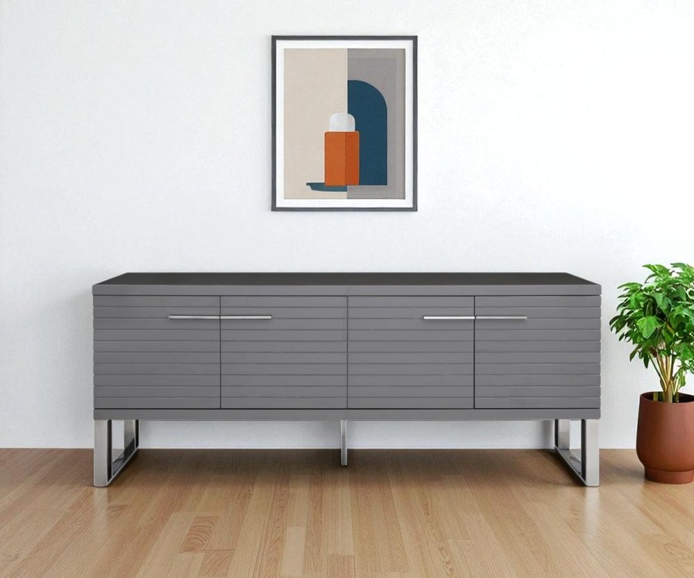 79" Gray Solid Wood Ribbed Texture Buffet Table with Four Doors