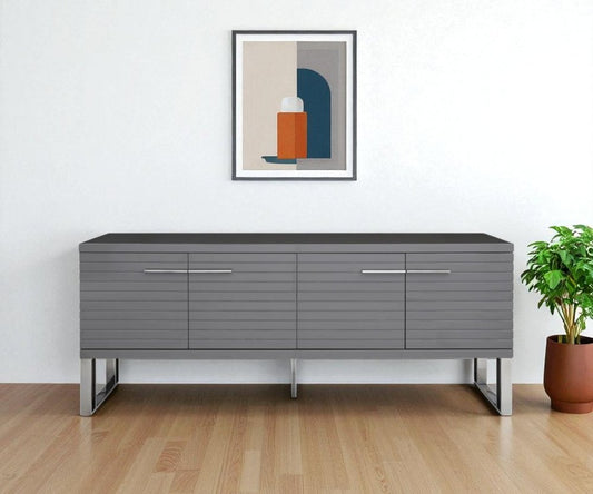 79" Gray Solid Wood Ribbed Texture Buffet Table with Four Doors