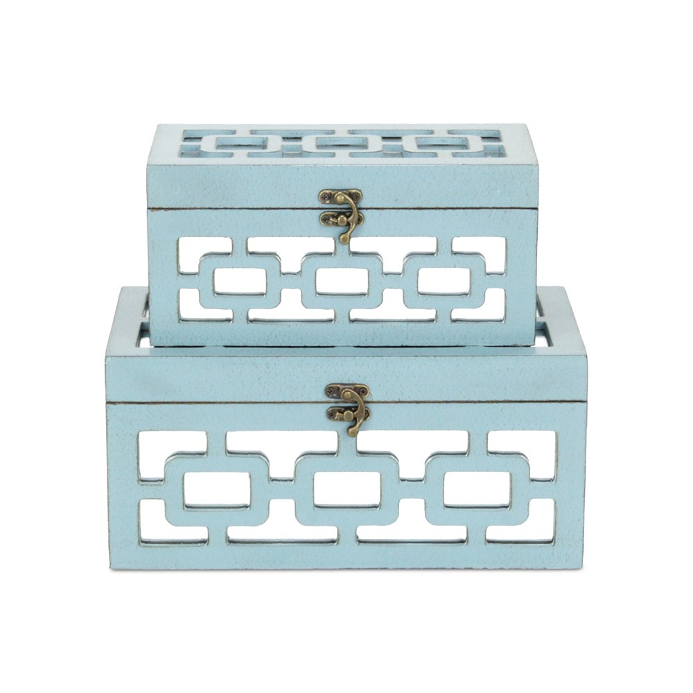 Set of Two Blue And White Nesting Wood And Mirrored Glass Organizing Box With Lid