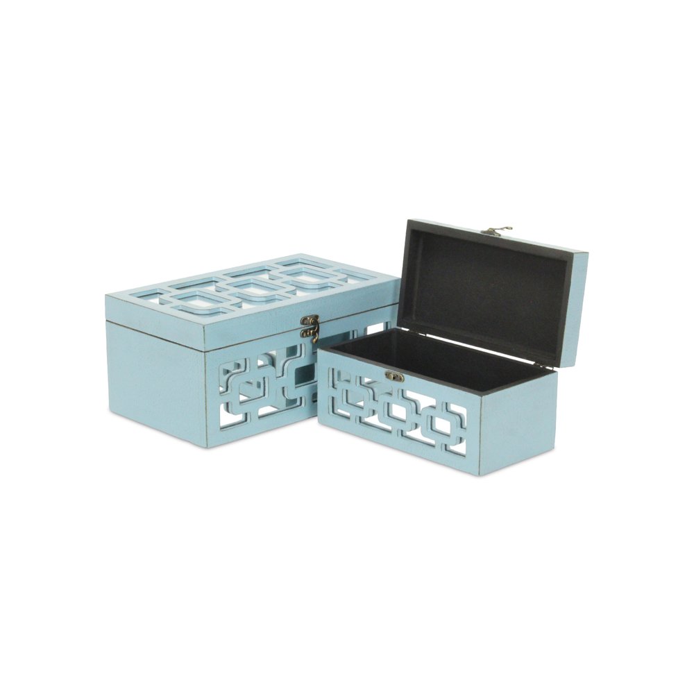 Set of Two Blue And White Nesting Wood And Mirrored Glass Organizing Box With Lid