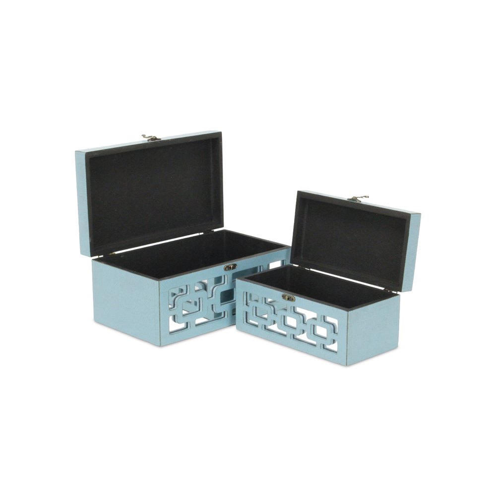Set of Two Blue And White Nesting Wood And Mirrored Glass Organizing Box With Lid