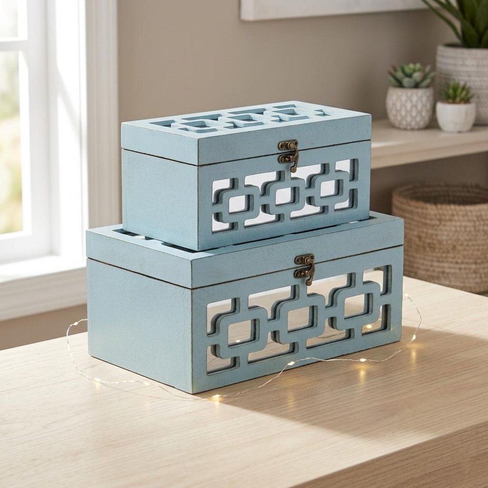 Set of Two Blue And White Nesting Wood And Mirrored Glass Organizing Box With Lid