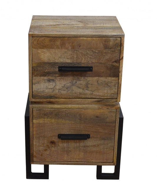 31" Brown And Black Distressed Solid Wood And Iron Two Drawer Filing Cabinet