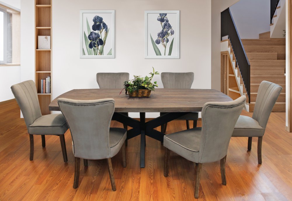 Seven Piece Gray and Black Solid Wood Dining Set with Six Chairs