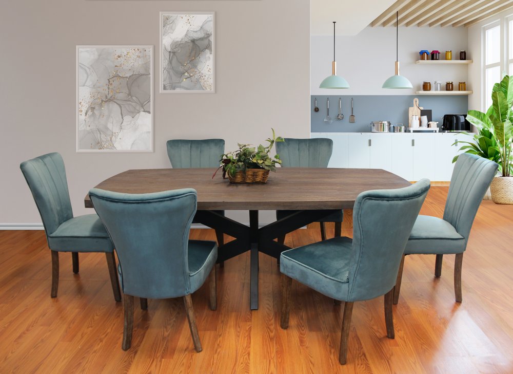 Seven Piece Gray and Black Solid Wood Dining Set with Six Chairs