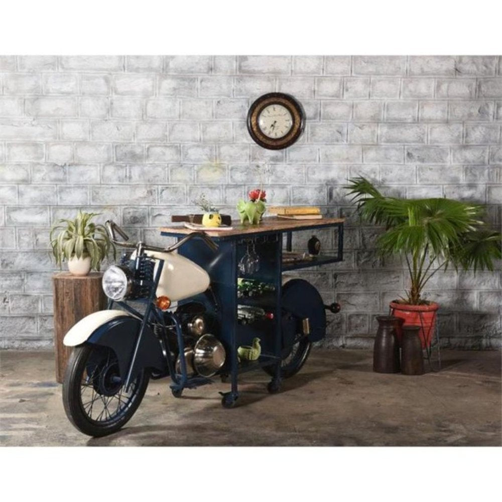 Blue and White Metal And Solid Wood Rolling Bar Cart With Wine Storage