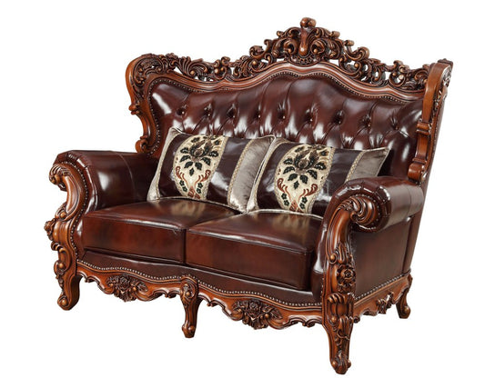 69" Brown And Walnut Top Grain Leather Curved Loveseat and Toss Pillows