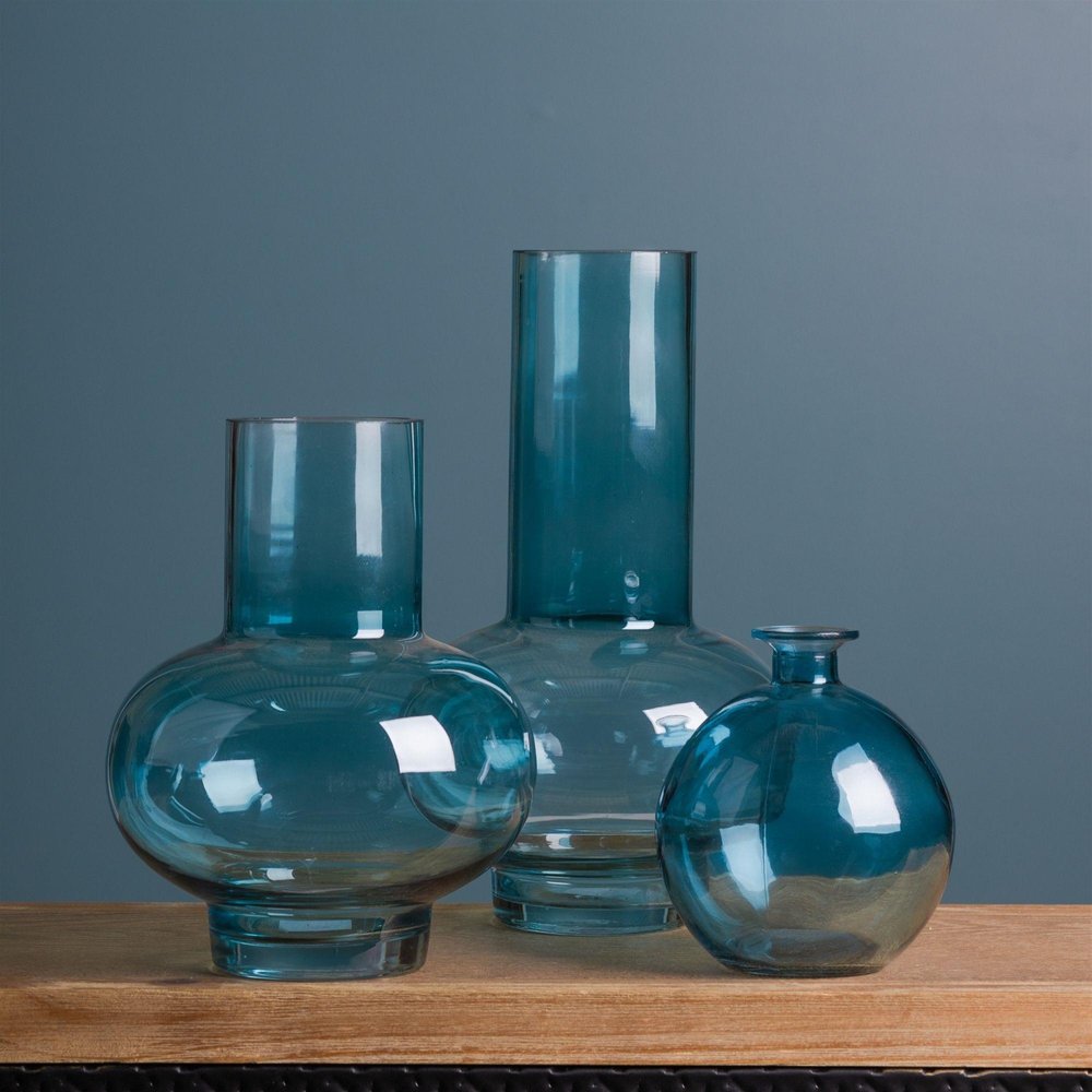 Set of Two Blue Glass Round Table Vase