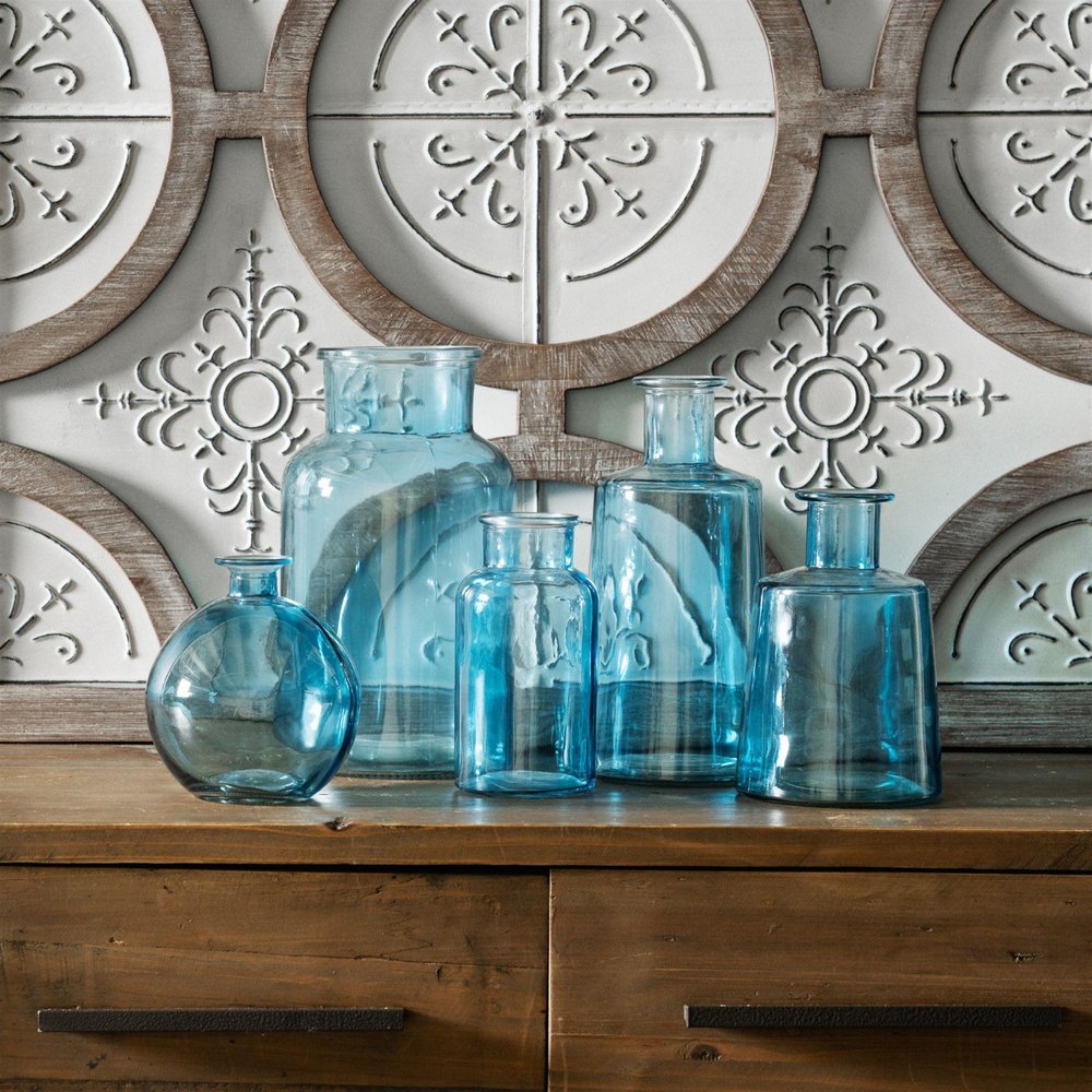 Set of Two Blue Glass Round Table Vase