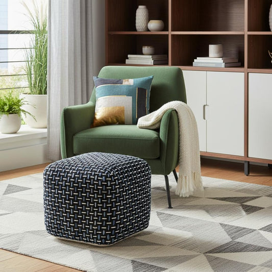 16" Black Fabric Geometric Pouf Ottoman