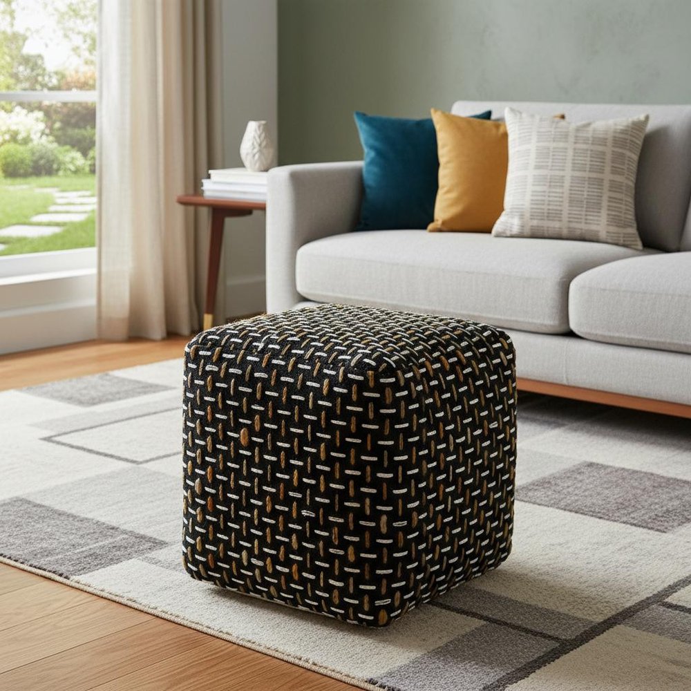 16" Black Fabric Geometric Pouf Ottoman
