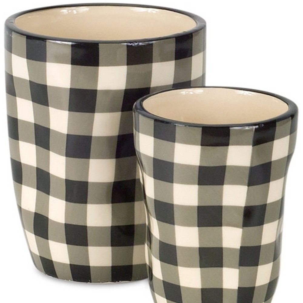 Set of Six Black And Ivory Ceramic 2 Ounce Geometric Round Pot Planters